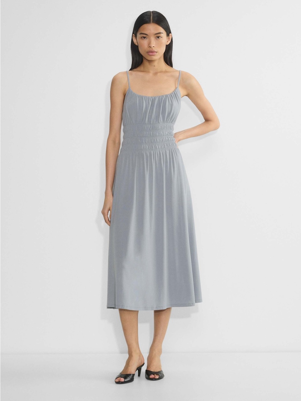 Wilfred Light Gray Smocked Waist Spaghetti Strap Midi Dress